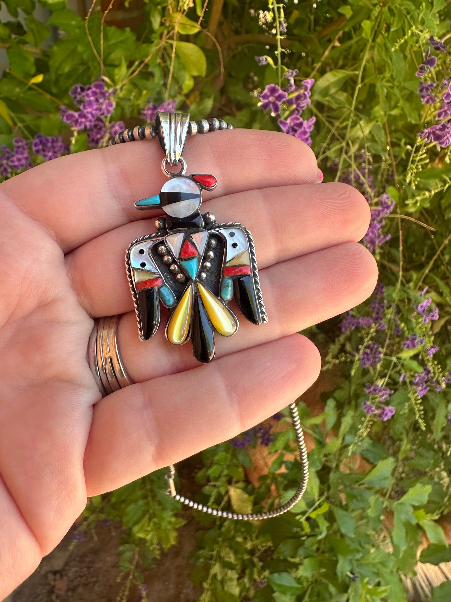 Handmade Sterling Silver Multi Stone Inlay Thunderbird Pendant Signed Nizhoni