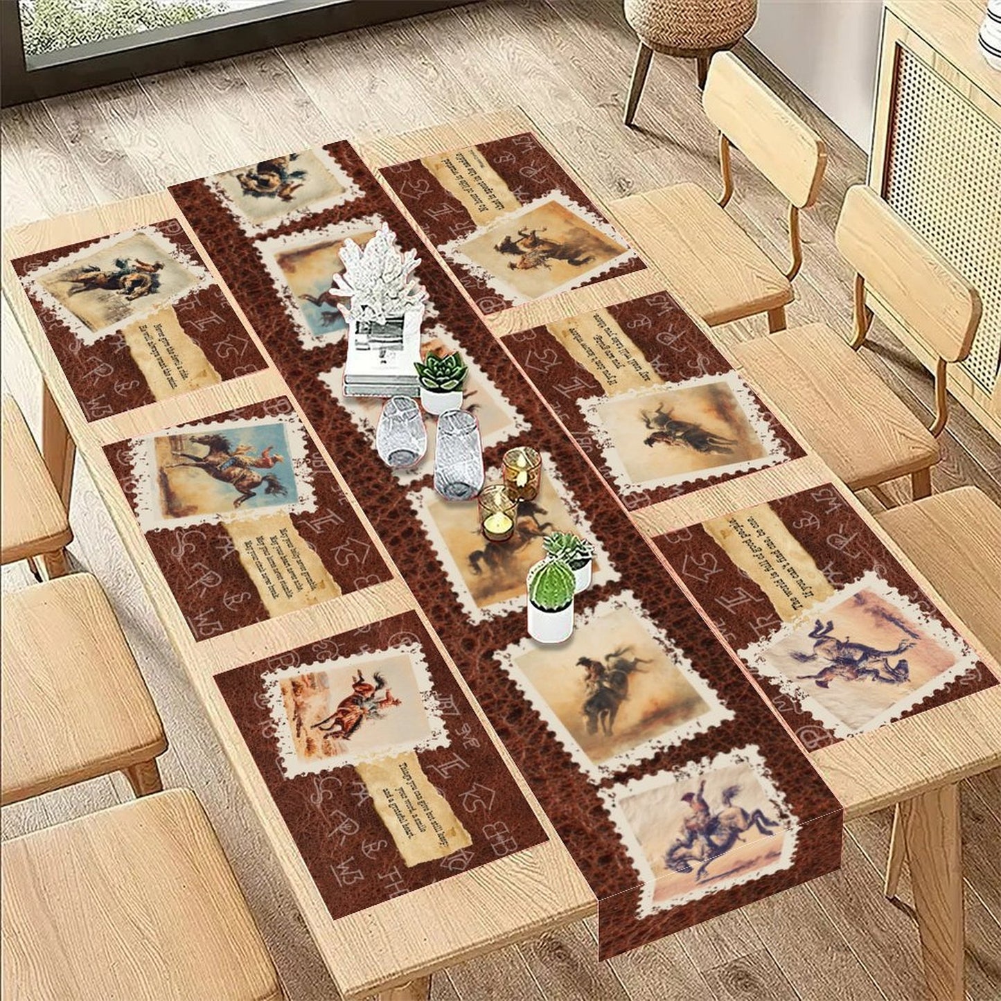 7 Pieces Rodeo Phrases Cowboy Table Runner and Placemats Set Made in USA