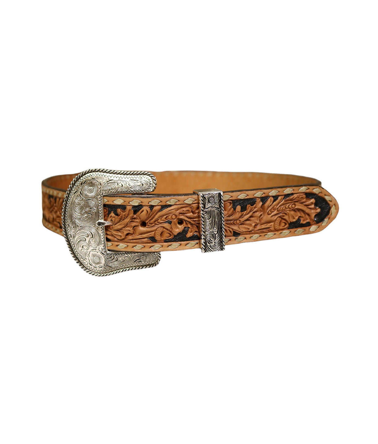 Alamo Saddlery 1.5" straight belt golden leather mini acorn tooling w/ background paint & buckstitch