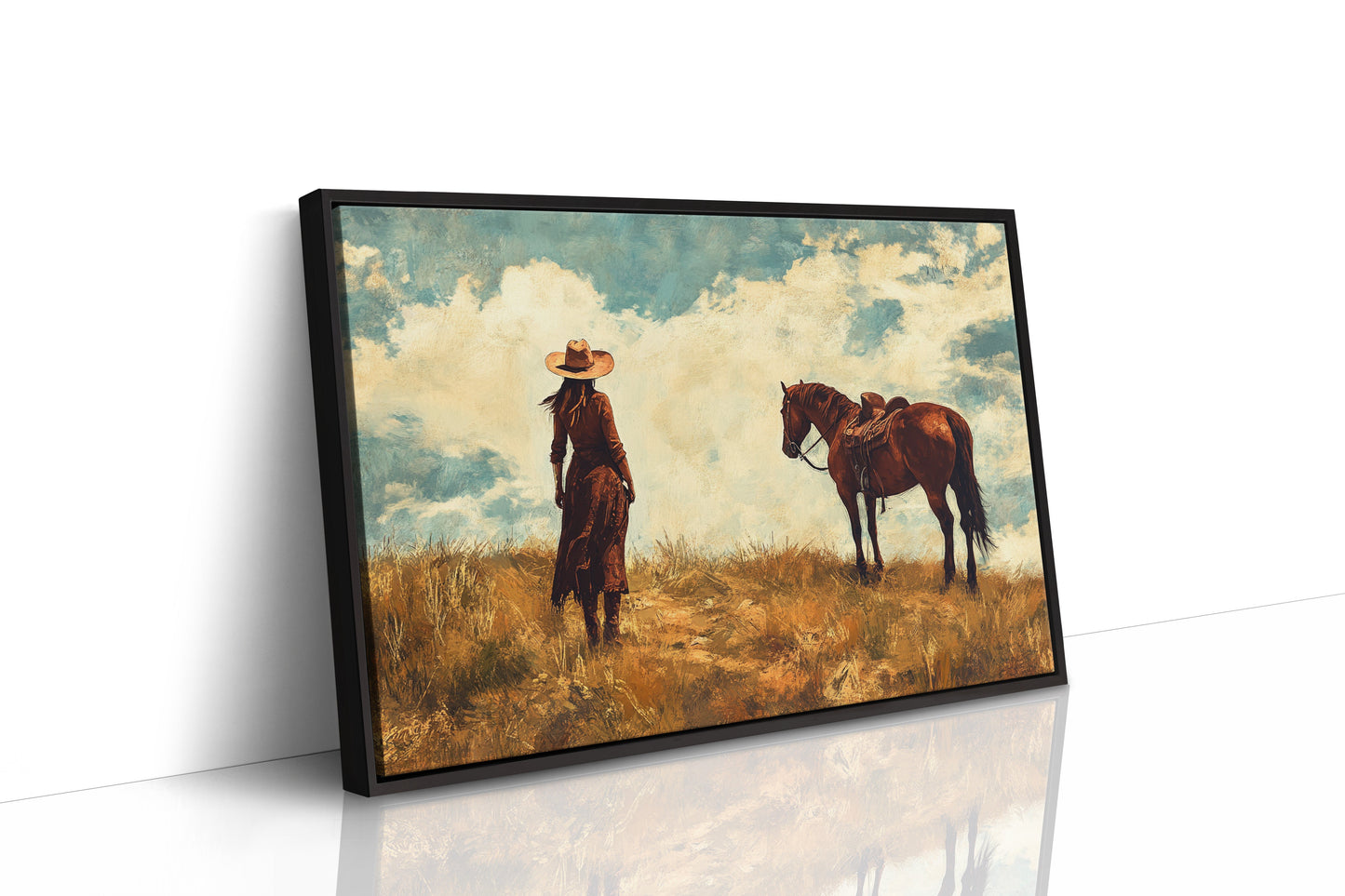 Cowgirl and Horse Under Big Sky