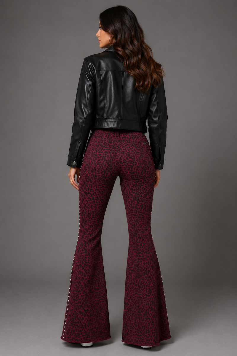 GJG Studded Leopard Print Bell Bottom Pant in Wine