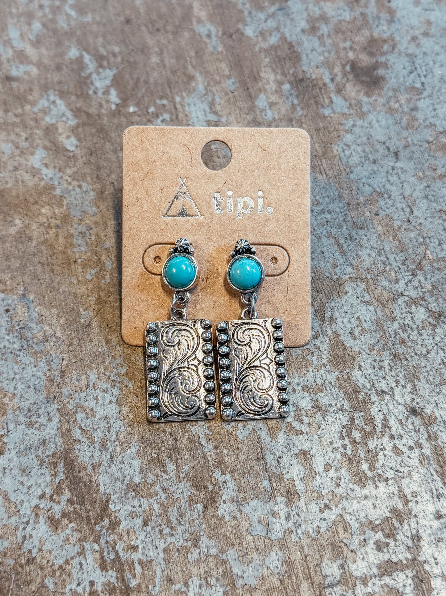 Turquoise Concho Tooled Rectangle Dangle Earrings – Western Silver Earrings