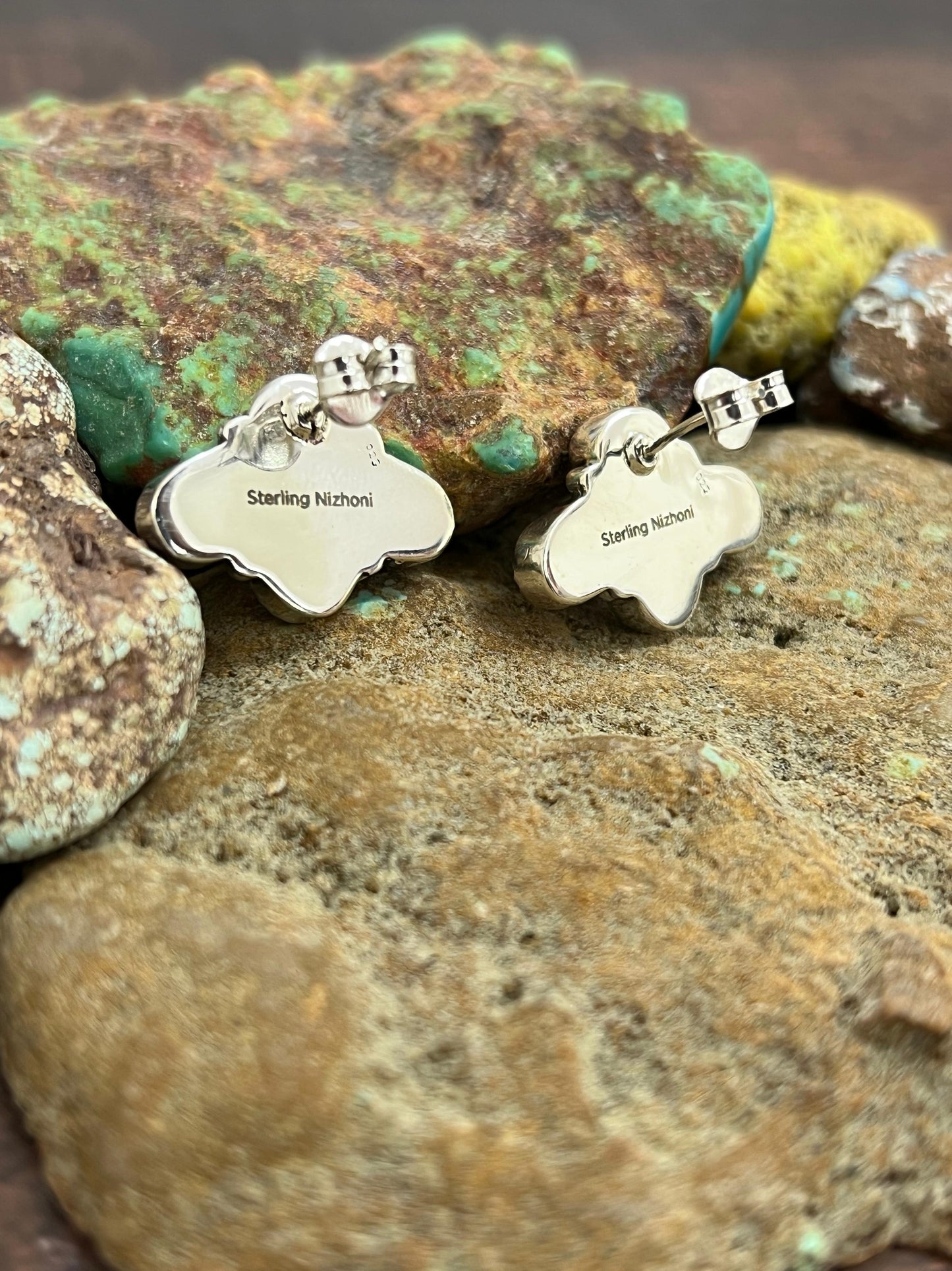 ** 4TH OF JULY ** Handmade Sterling Silver Synthetic Opal Post Earrings with Signed Nizhoni