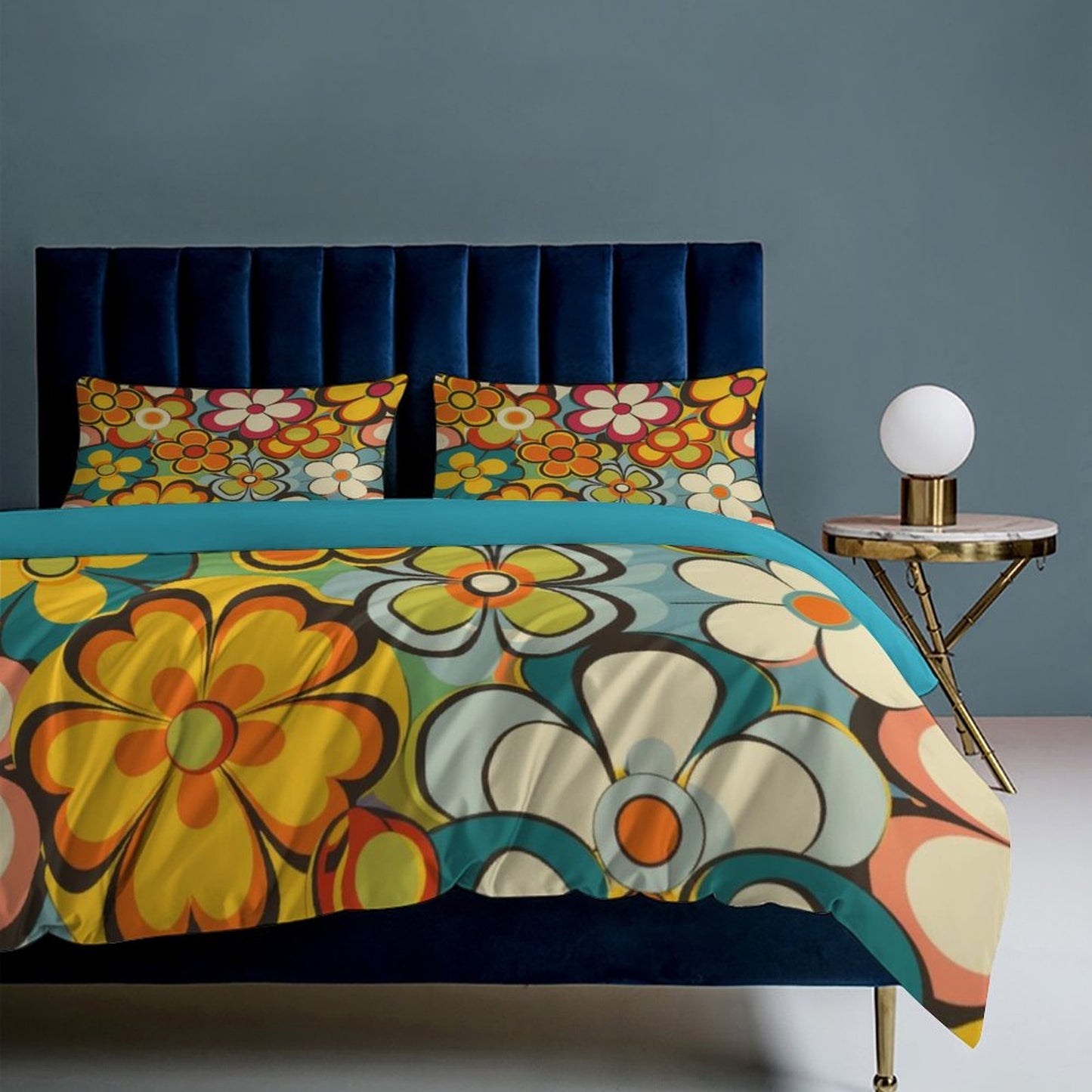 Groovy Floral Hippie Reversible 3-Piece Bedding Set (1 Duvet Cover + 2 Pillow Shams) – 102"×90"