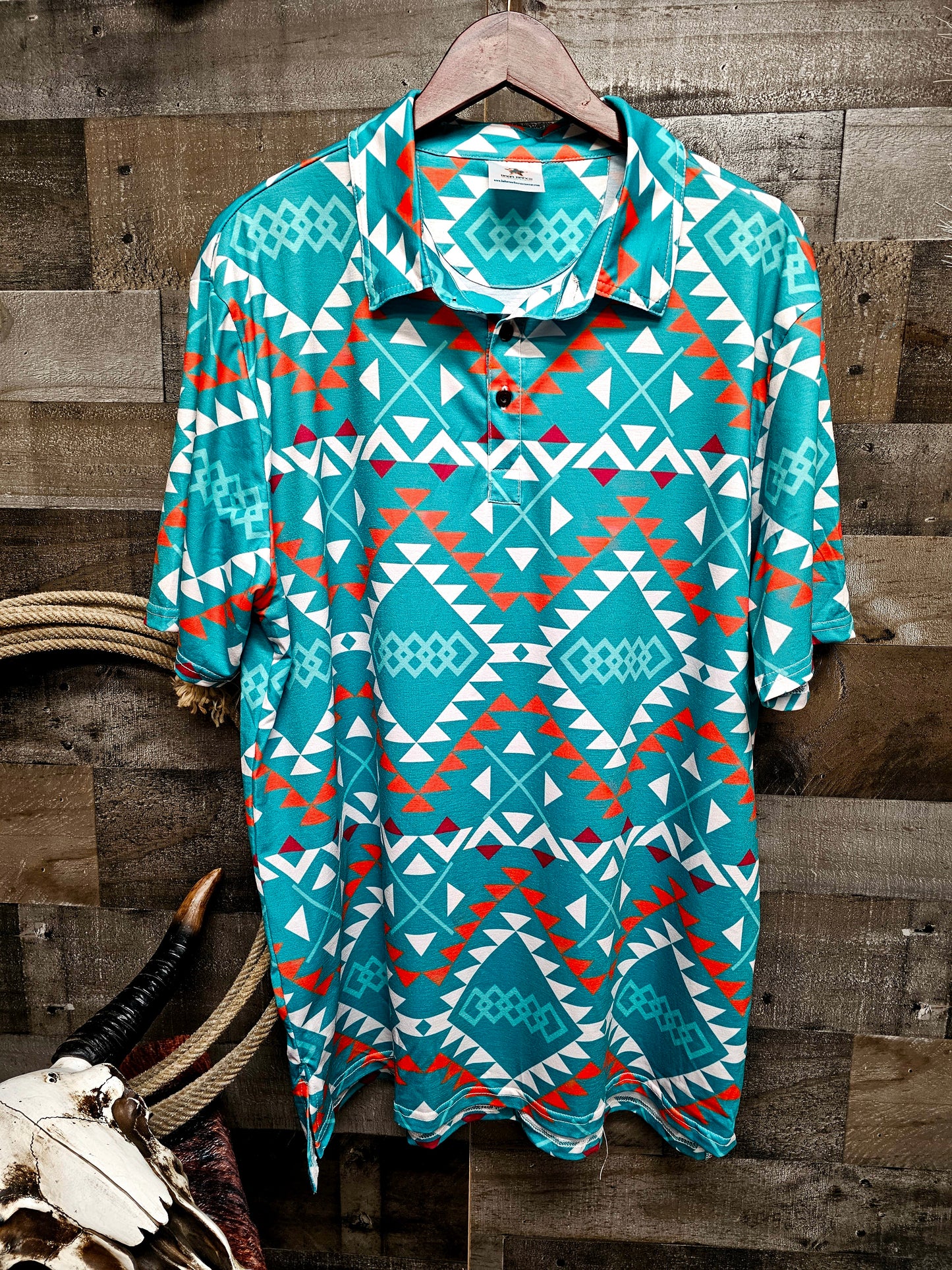 Baha Ranch Aqua Aztec Polo Style Shirt