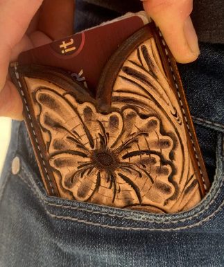 Front Pocket Hand Tooled Leather Wallet with Petite Flowers and