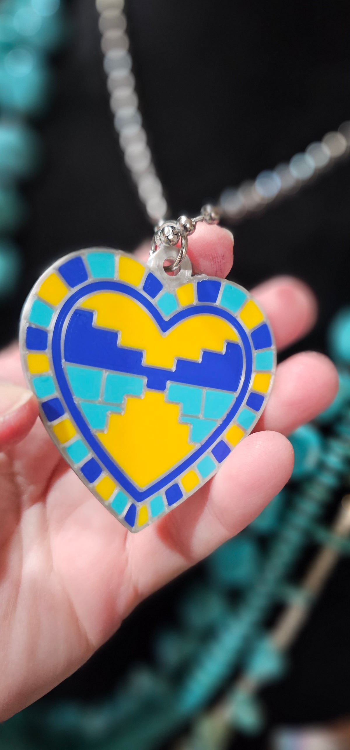 Baha Ranch 3D Print Blue Yellow Aztec Inlay Heart Necklace