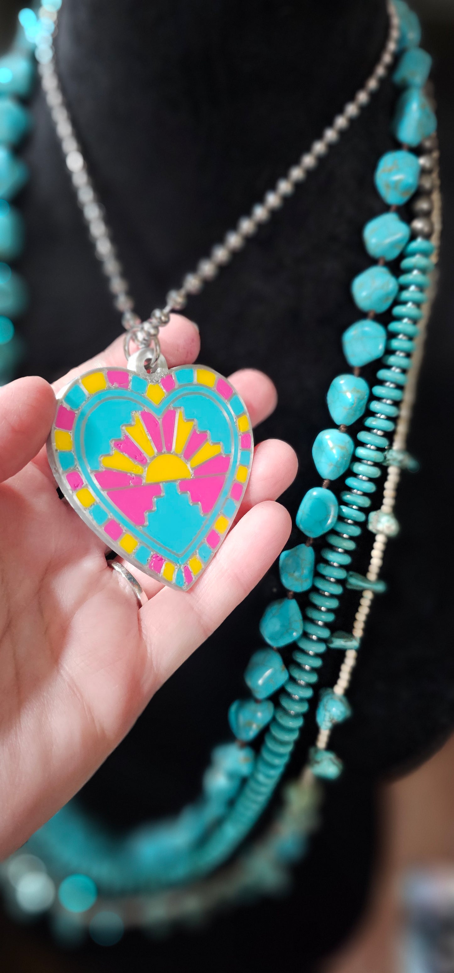 Baha Ranch 3D Print Pink Yellow Sunrise Inlay Heart Necklace