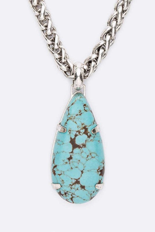 Stone Teardrop Pendant Rope Chain Western Necklace  choice of colors