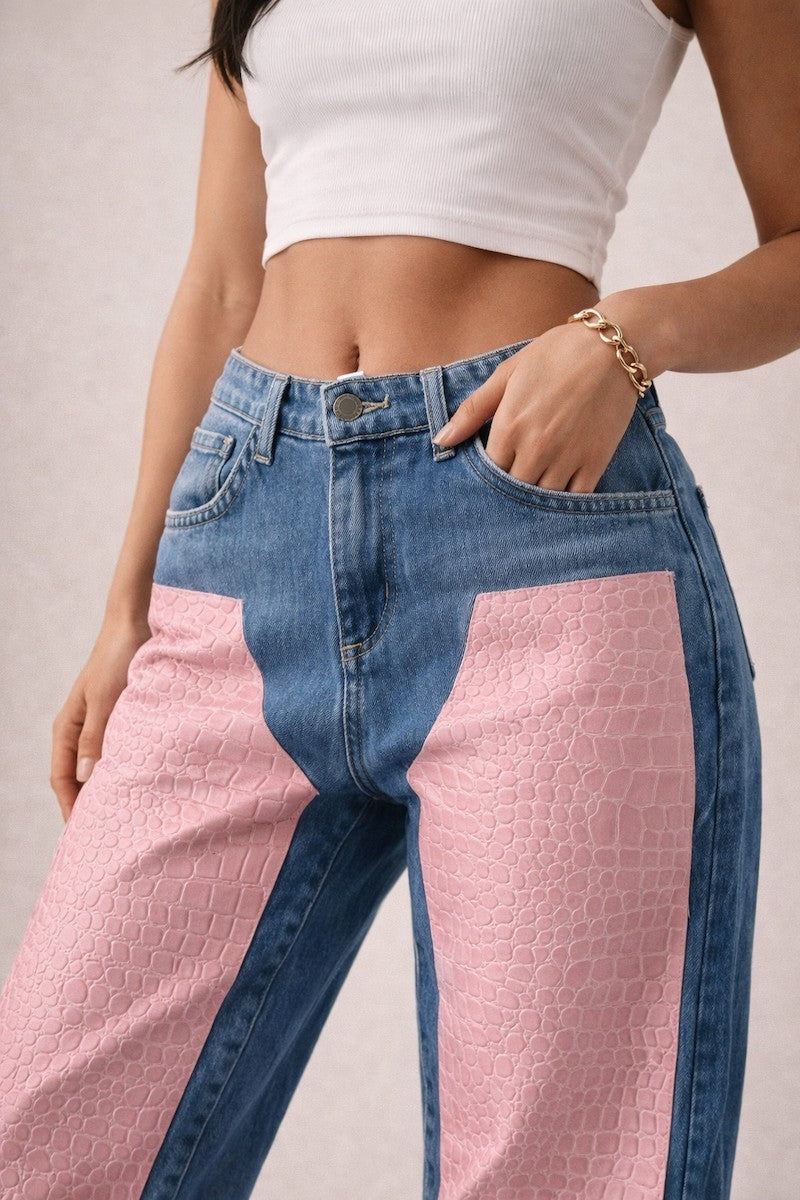 GJG Low Rise Cuffed Jeans with Pink Vinyl Croc Panels