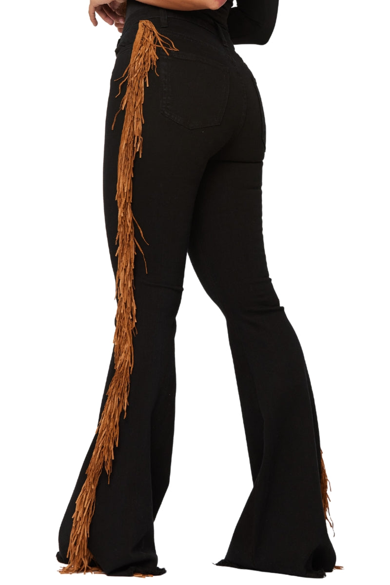 GJG Fringe Bell Bottom Jean in Black Denim
