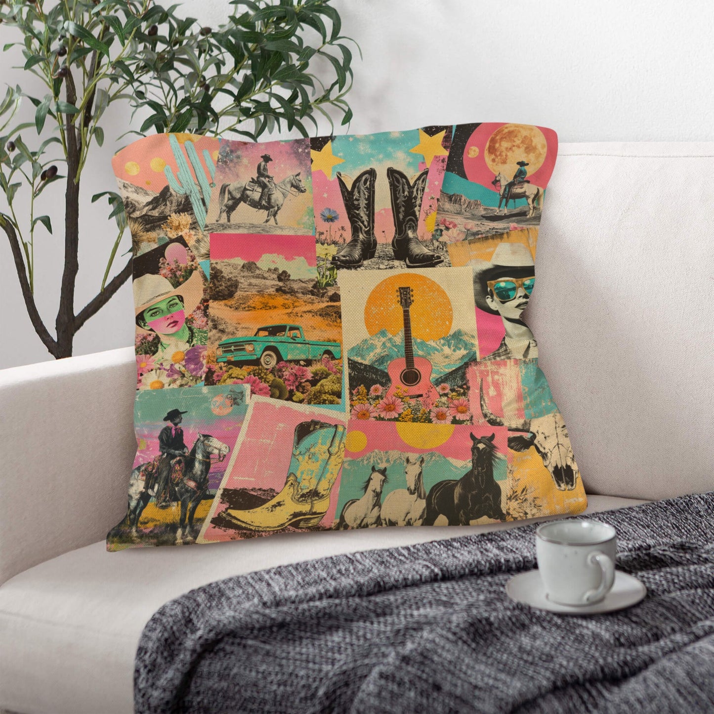 Baha Ranch Retro Pop Western Collage Pillow Case Made in America