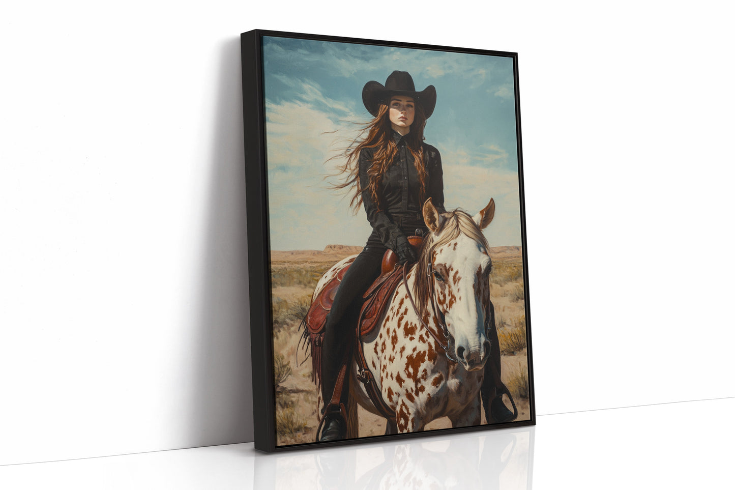 Desert Reins – Cowgirl on Paint Horse Portrait