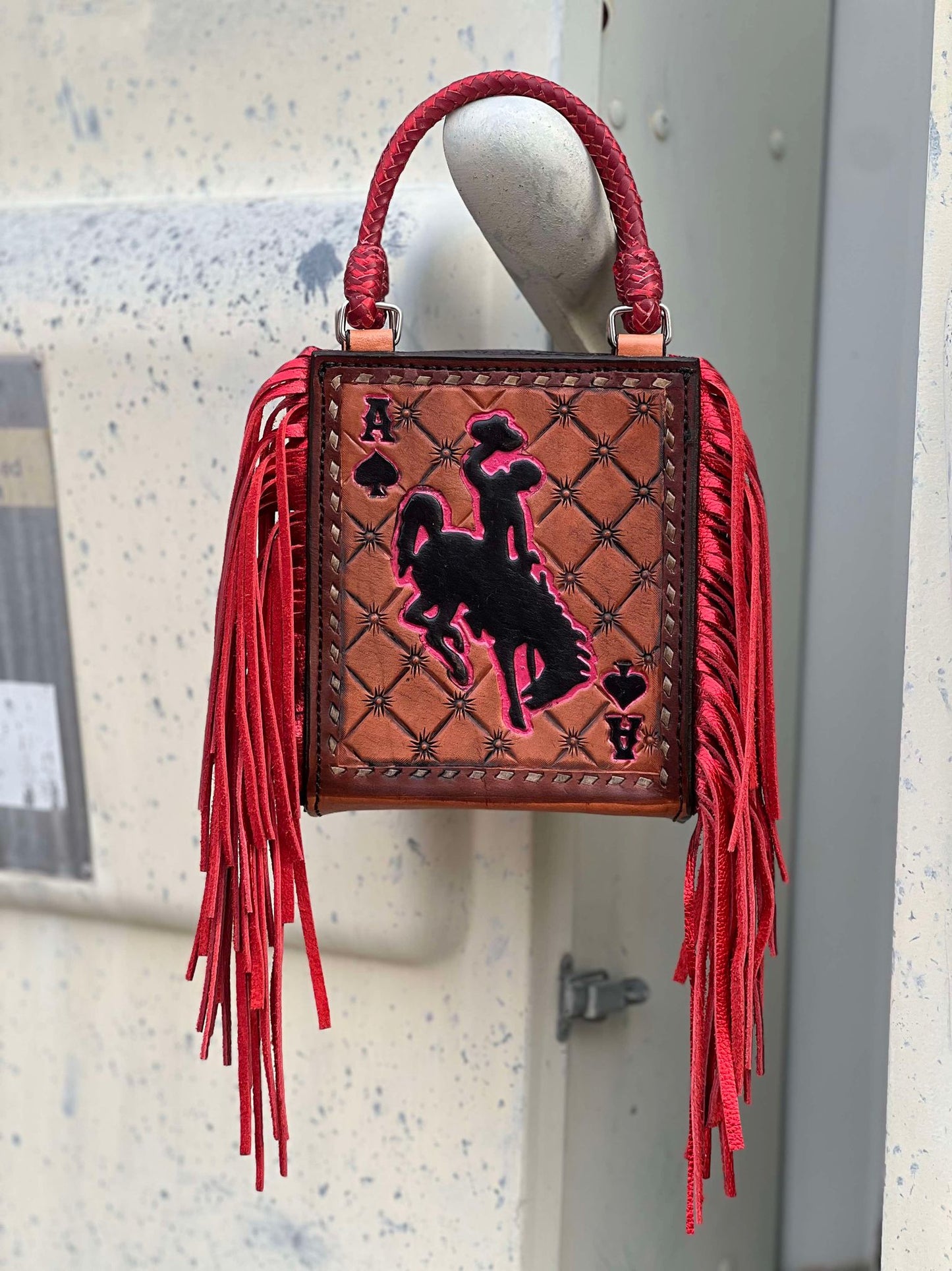 Alamo Saddlery Card Handbag- Red Bronc Rider FRINGE