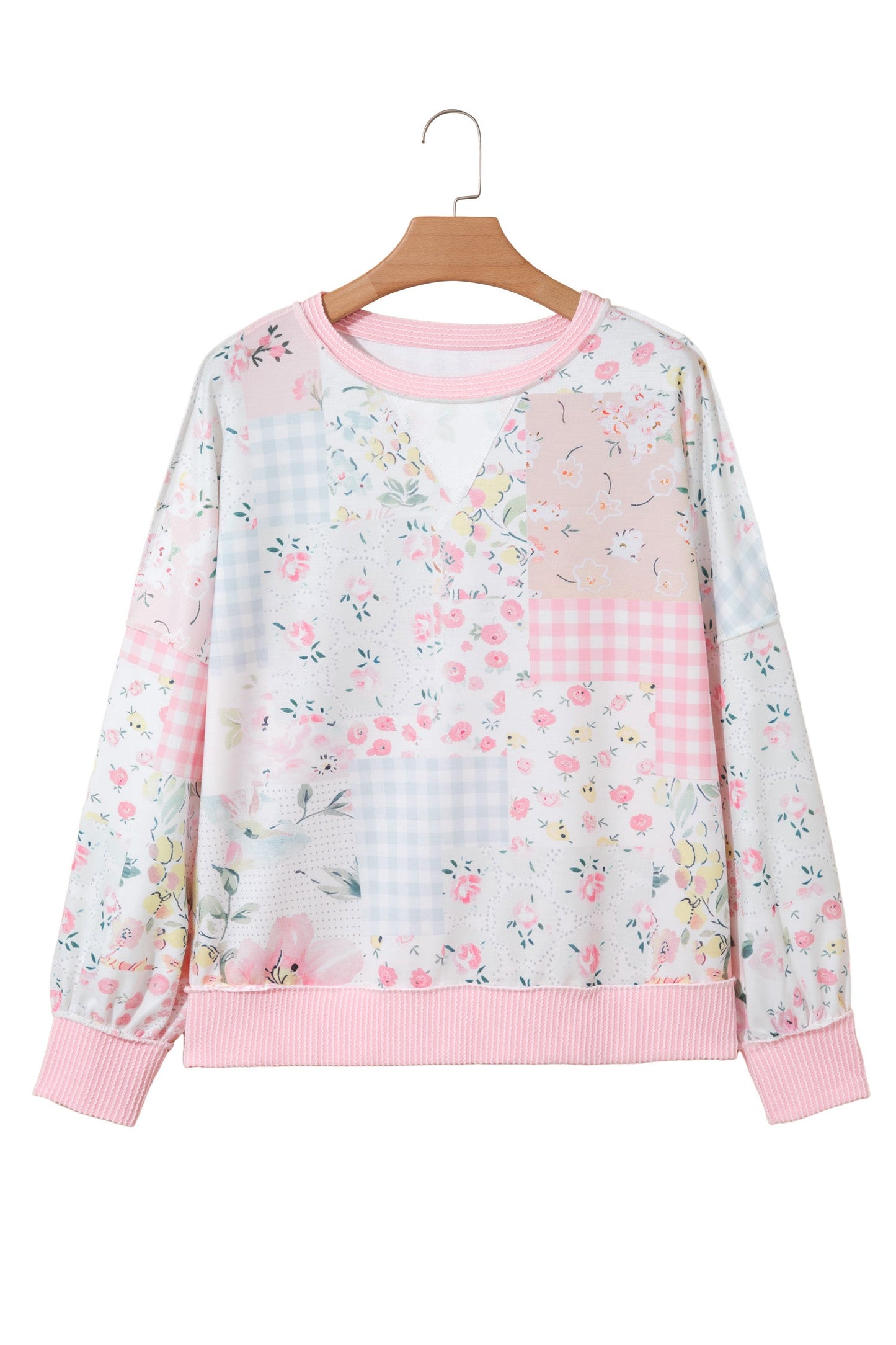 Floral Patchwork Corded Knit Long Sleeve Top