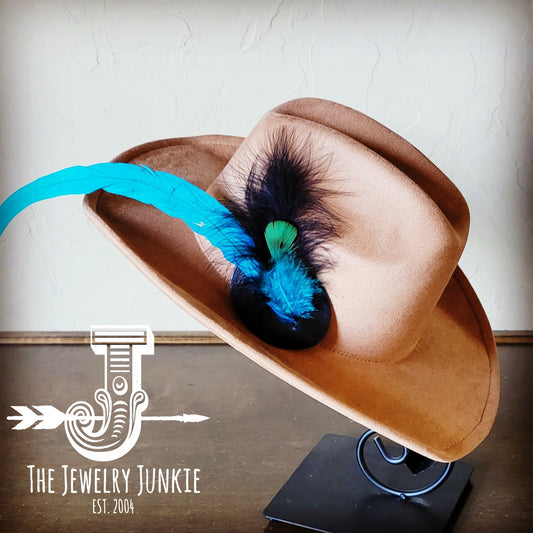 Cowgirl Western Hat w/ Feather Tie Hat Band-Tan 982x by The Jewelry Junkie