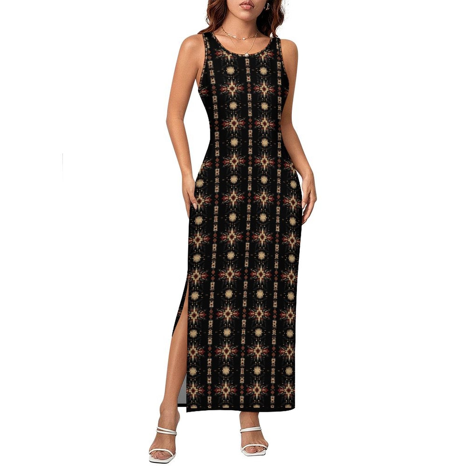 Baha Ranch Black and Tan Aztec Sleeveless Bodycon Side Slit Maxi Dress Multi / 3XL