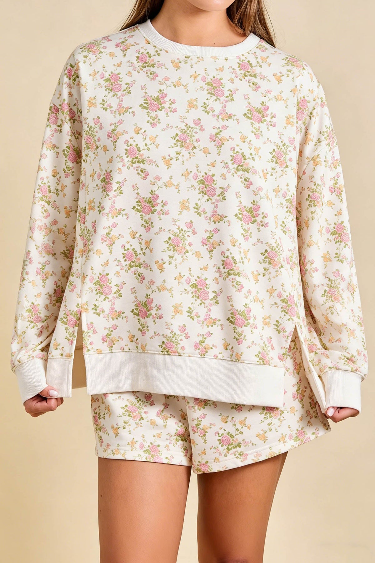 Floral Long Sleeve Top & Pocketed Shorts Set