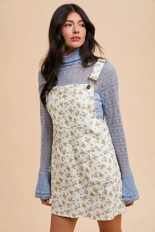 Annie Wear Stretch Ditsy Print Denim Overall Mini Dress Annie Wear Stretch Ditsy Print Denim Overall Mini Dress