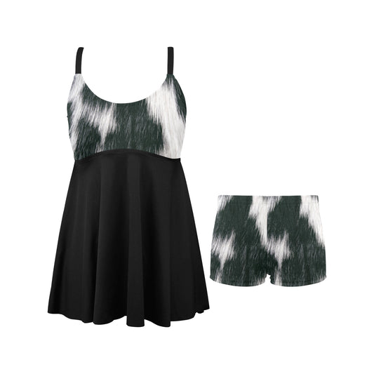 Black and White Cow Hide Swim Dress & Shorts Set
