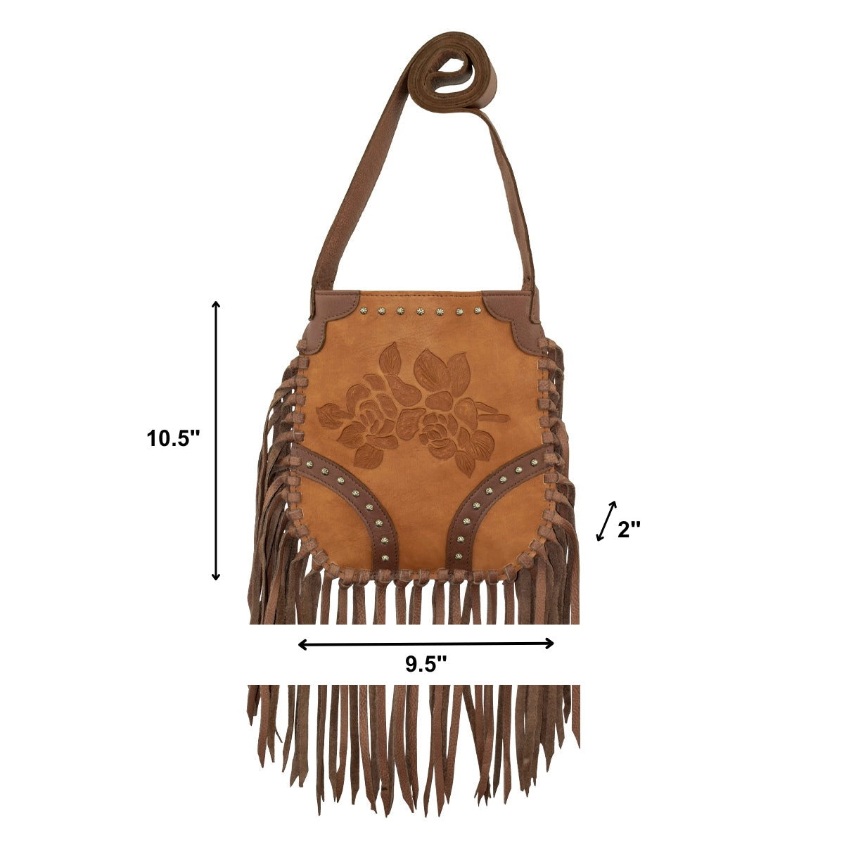 American West Handbags Leather Fringed Cowgirl Crossbody w/ Hand Tooled Rose