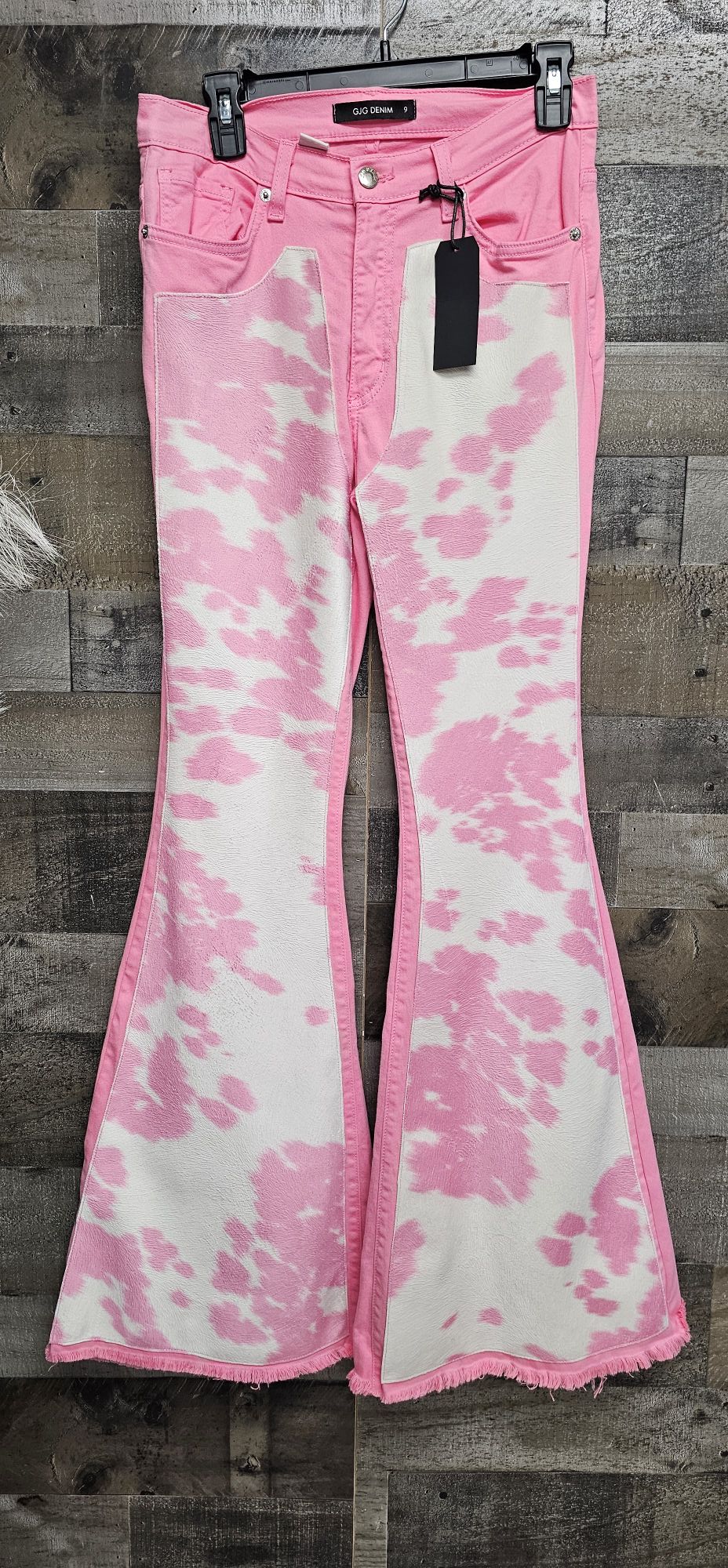 SAMPLE SALE GJG denim Pink Cow print Velvety Suede flare jeans size 9
