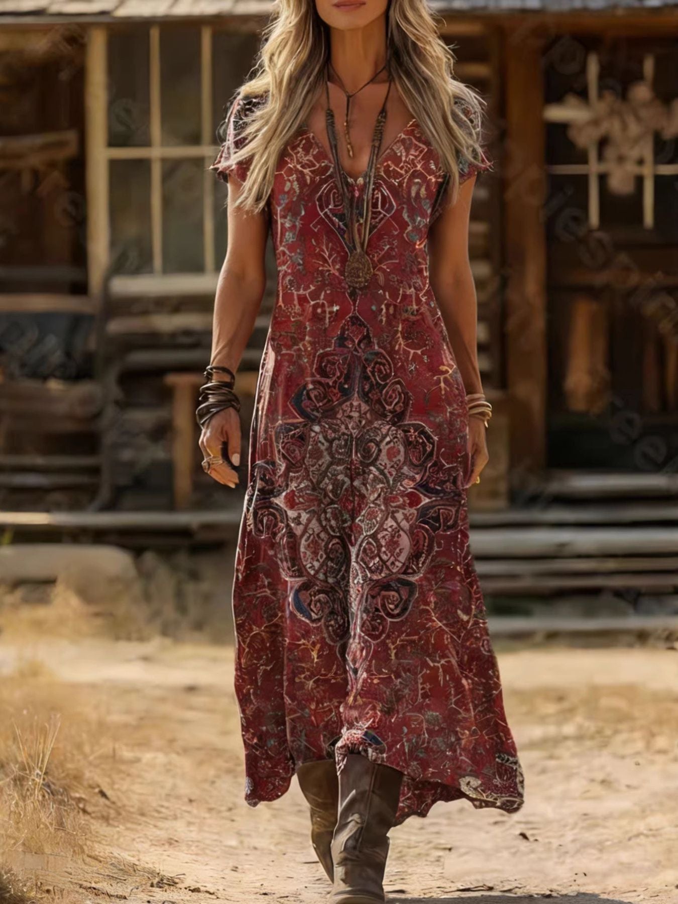 Boho Gypsy Short Sleeve Midi Dress | Baha Ranch Western Wear Boho Gypsy Short Sleeve Midi Dress | Baha Ranch Western Wear