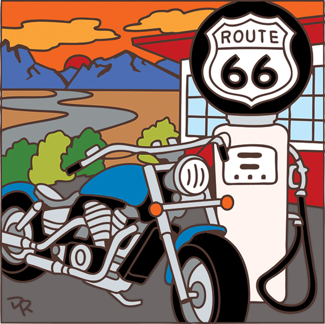 Motorcycle at Route 66 Gas Pump Tile