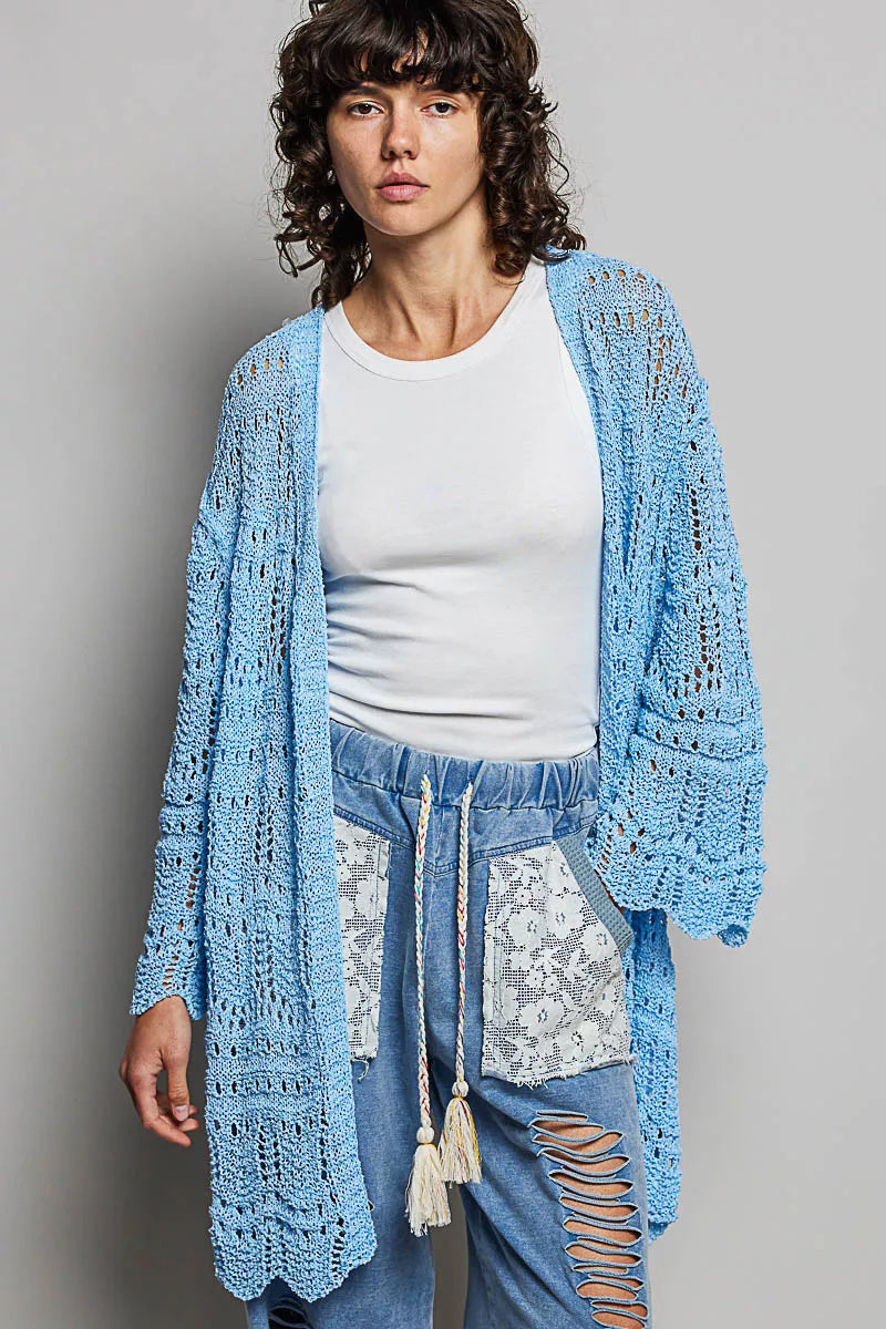POL Openwork Crochet Lightweight Open Front Cardigan with