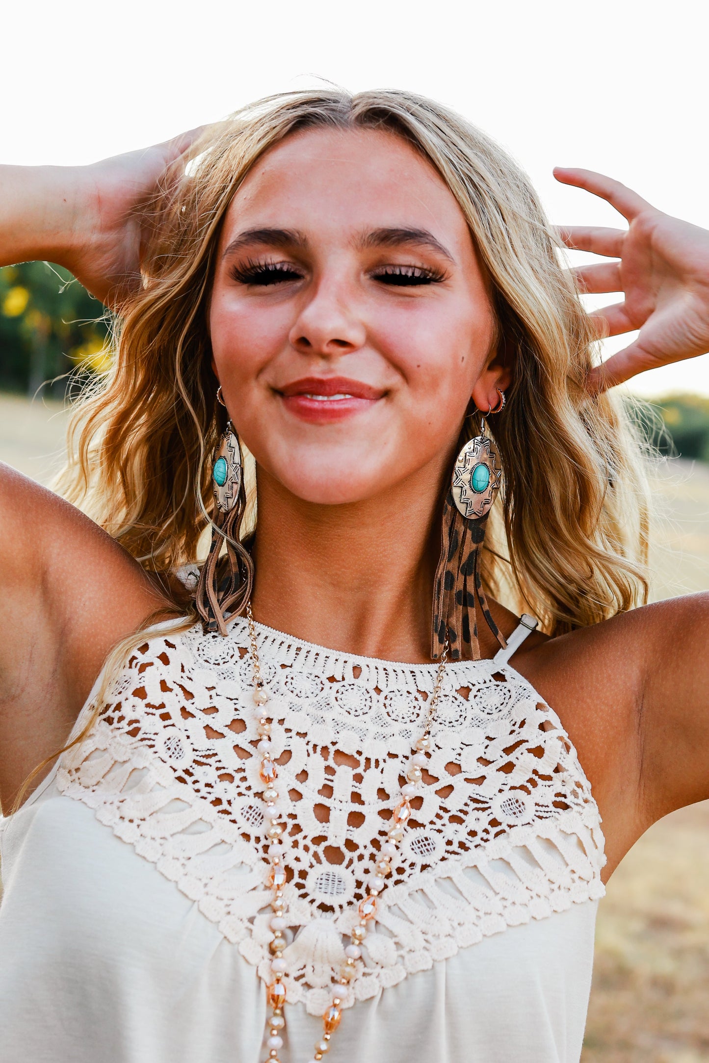 Rebel Like Reba Turquoise Concho With Grey Leopard Fringe Earrings