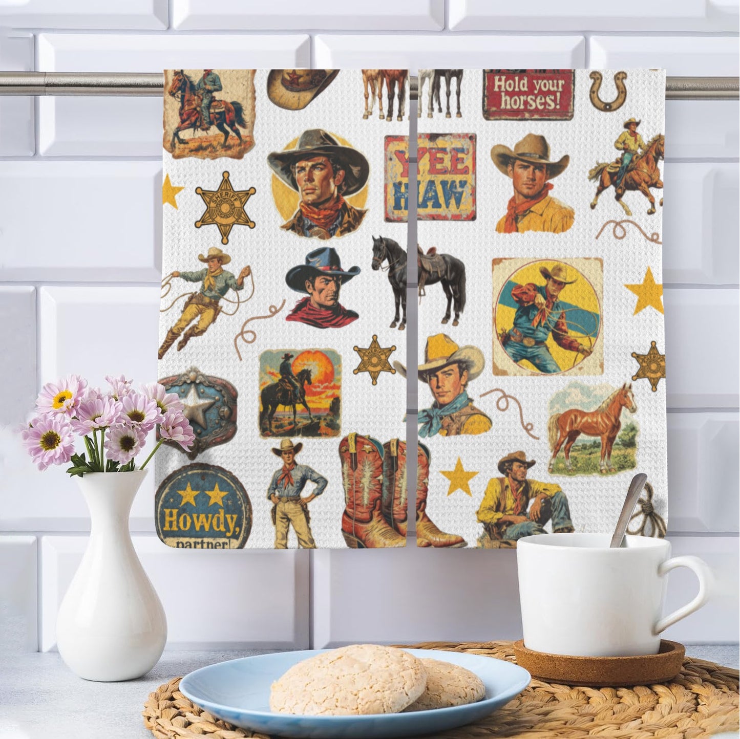 Vintage Cowboy Collage Dish Towel Set of 2 Made in America