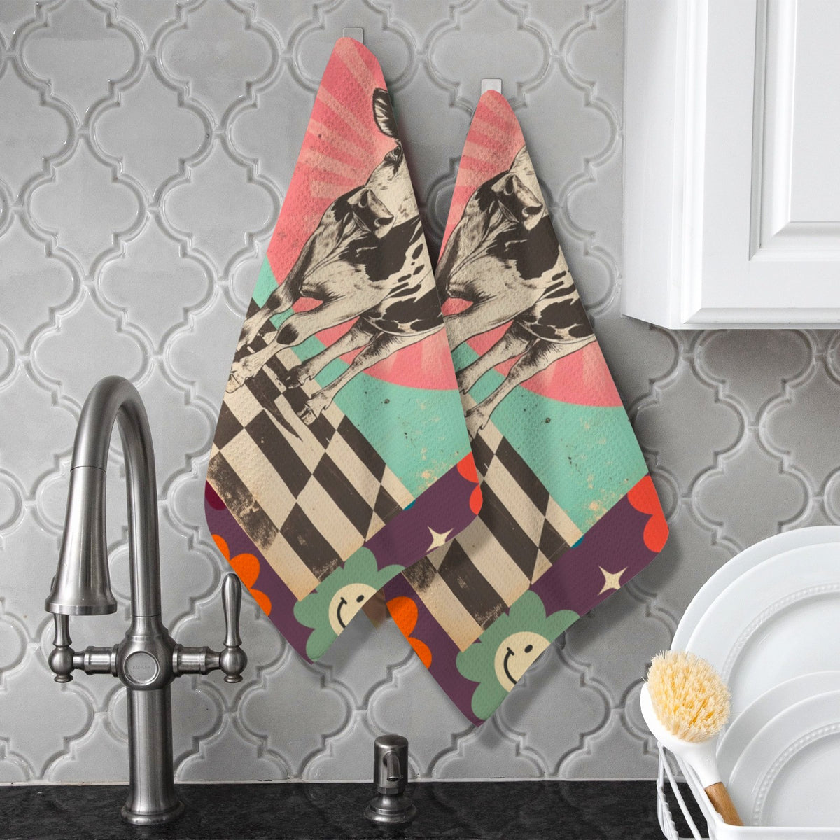 Baha Ranch Checkered Flower Cow Set of 2 (same) Kitchen Towels Made in America