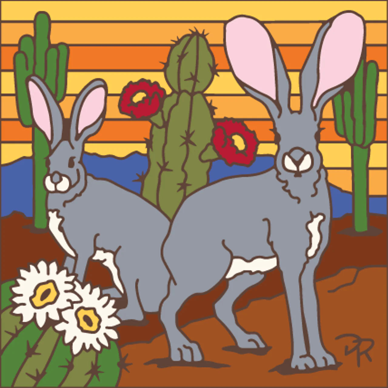 Jack Rabbits Sunset Cactus Blooms Tile