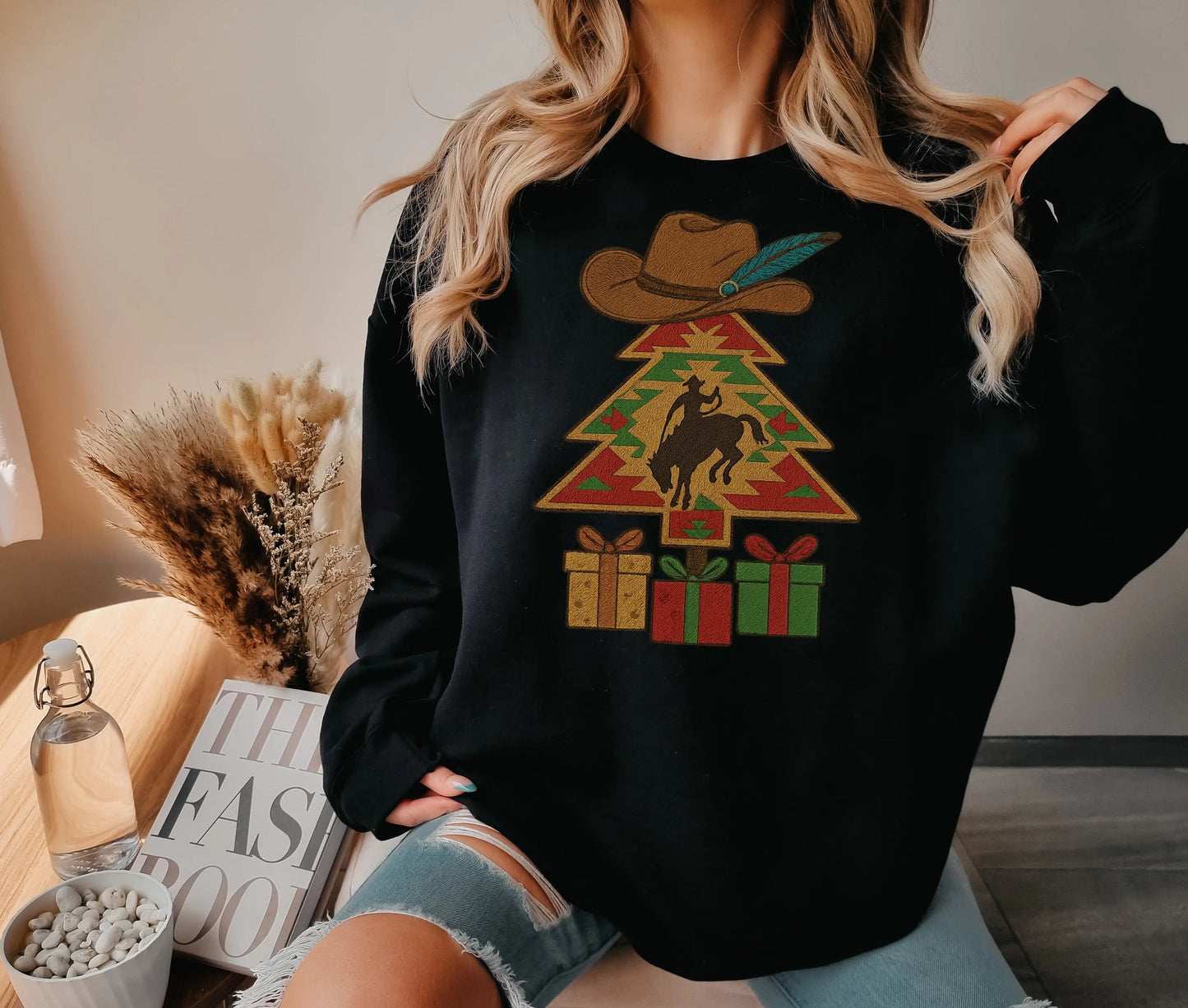 Western Faux Embroidered Cowboy Christmas Tree Bronc Rider Shirt – Graphic Tee, Long Sleeve & Crewneck