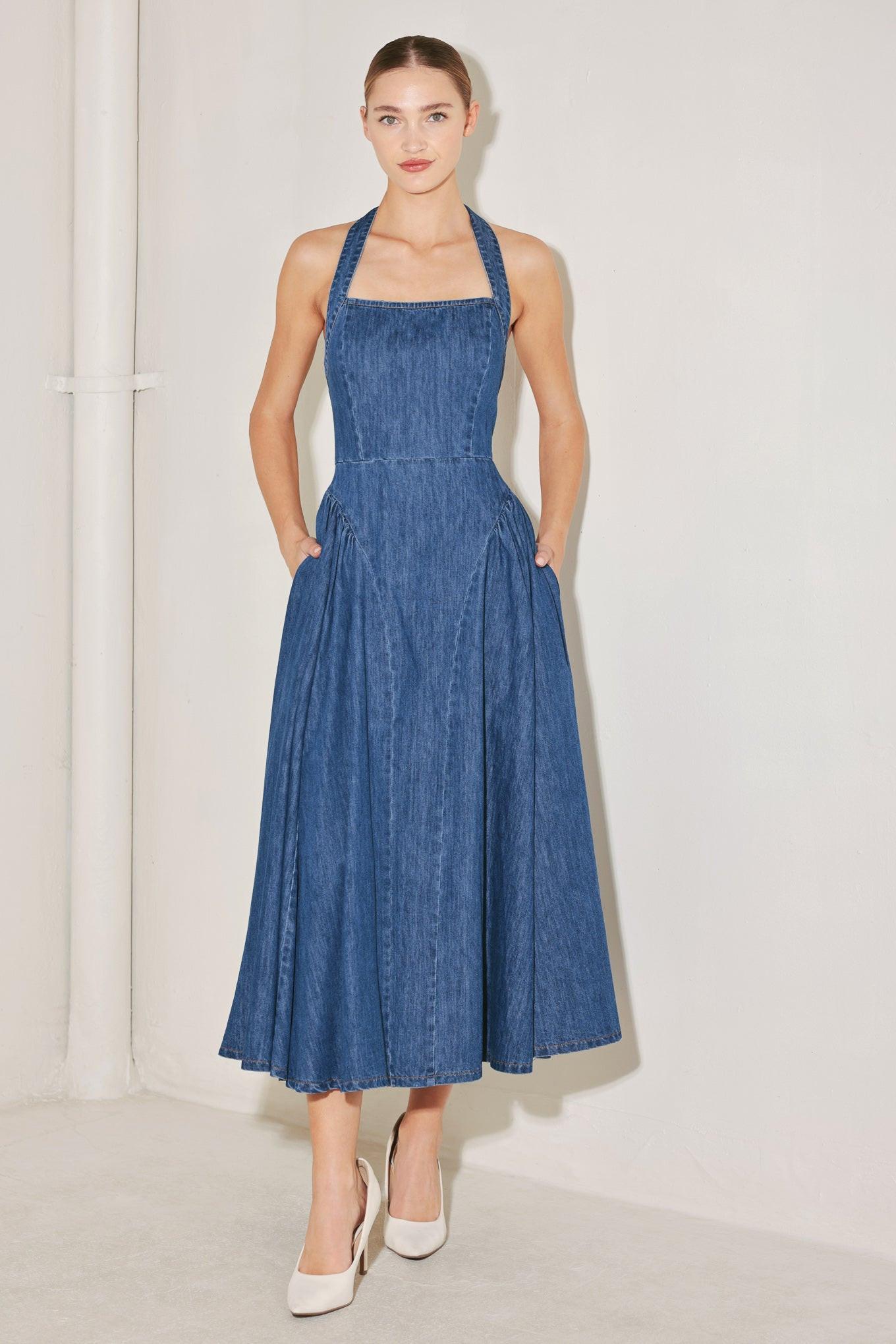 Flying Tomato American Summer Note Denim Midi Dress