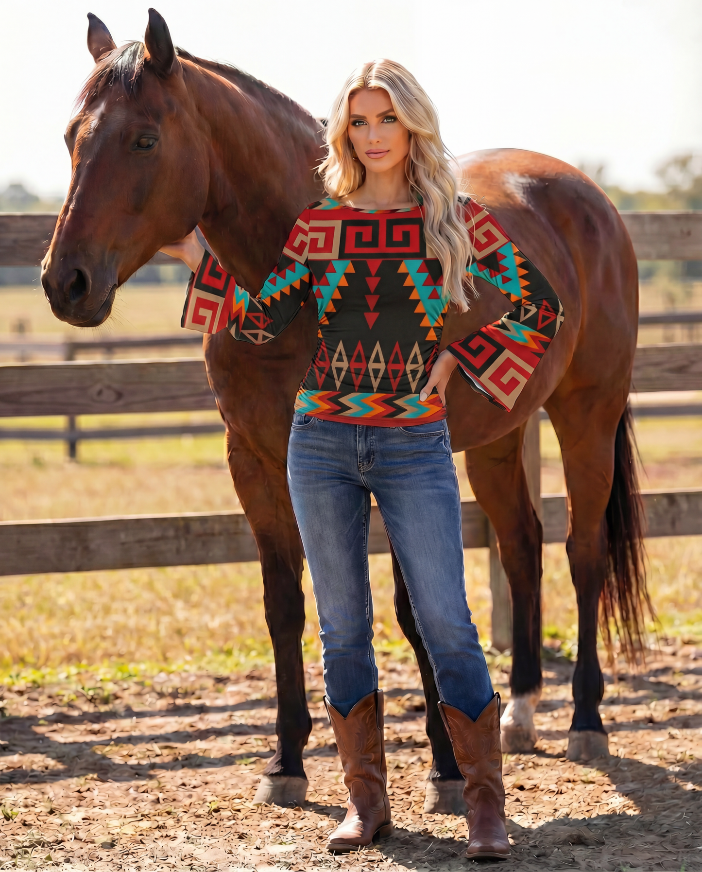 Baha Ranch Aztec Flare Sleeve Top