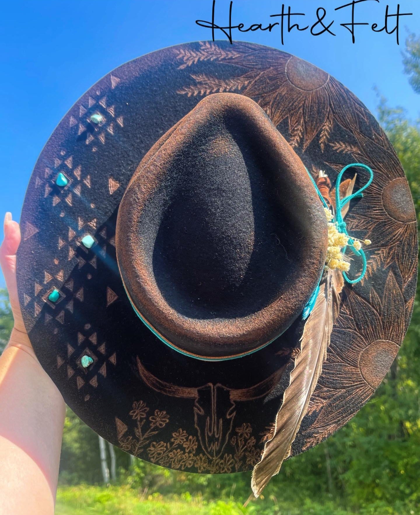 The Turquoise Cowgirl Hand Burnt Wool Felt Hat L