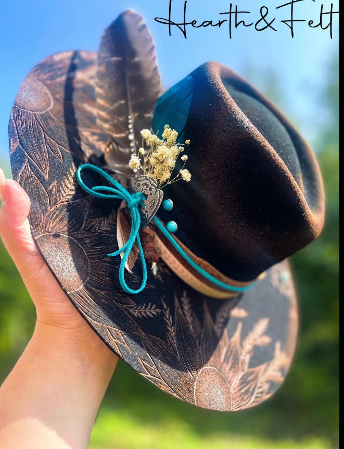 The Turquoise Cowgirl Hand Burnt Wool Felt Hat