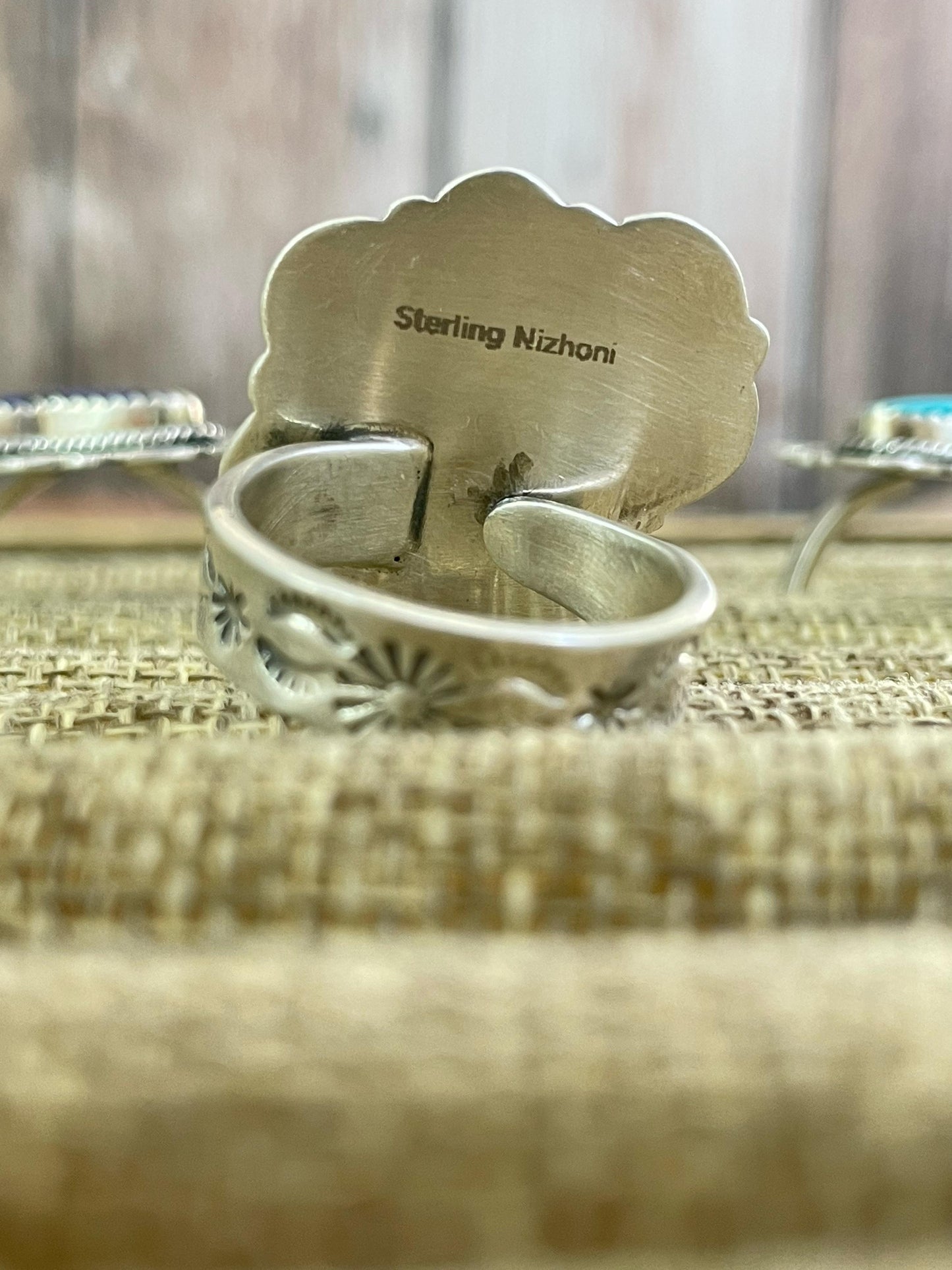 Handmade Silver Sterling Royston, Red Rose Dahlia, Kingman, Lapis Lazuli Adjustable Boot Ring with Signed Nizhoni