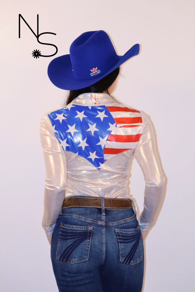 God’s Country Western Pearl Snap Rodeo American Flag Patriotic Shirt