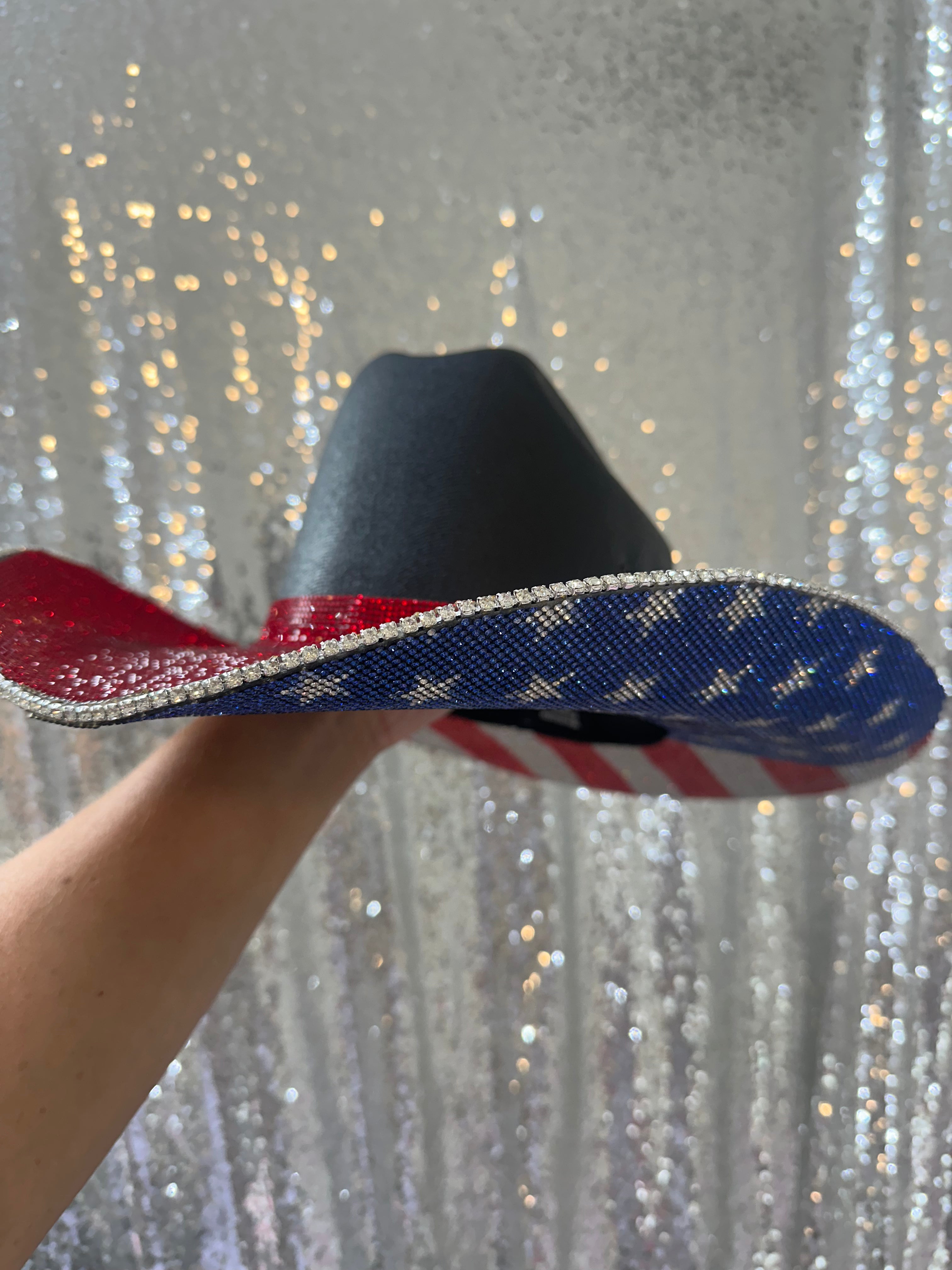 ✨✨RHINESTONE AMERICAN FLAG COWGIRL HAT✨✨ American Flag Rhinestone Hat – Kay Kountry main image 4