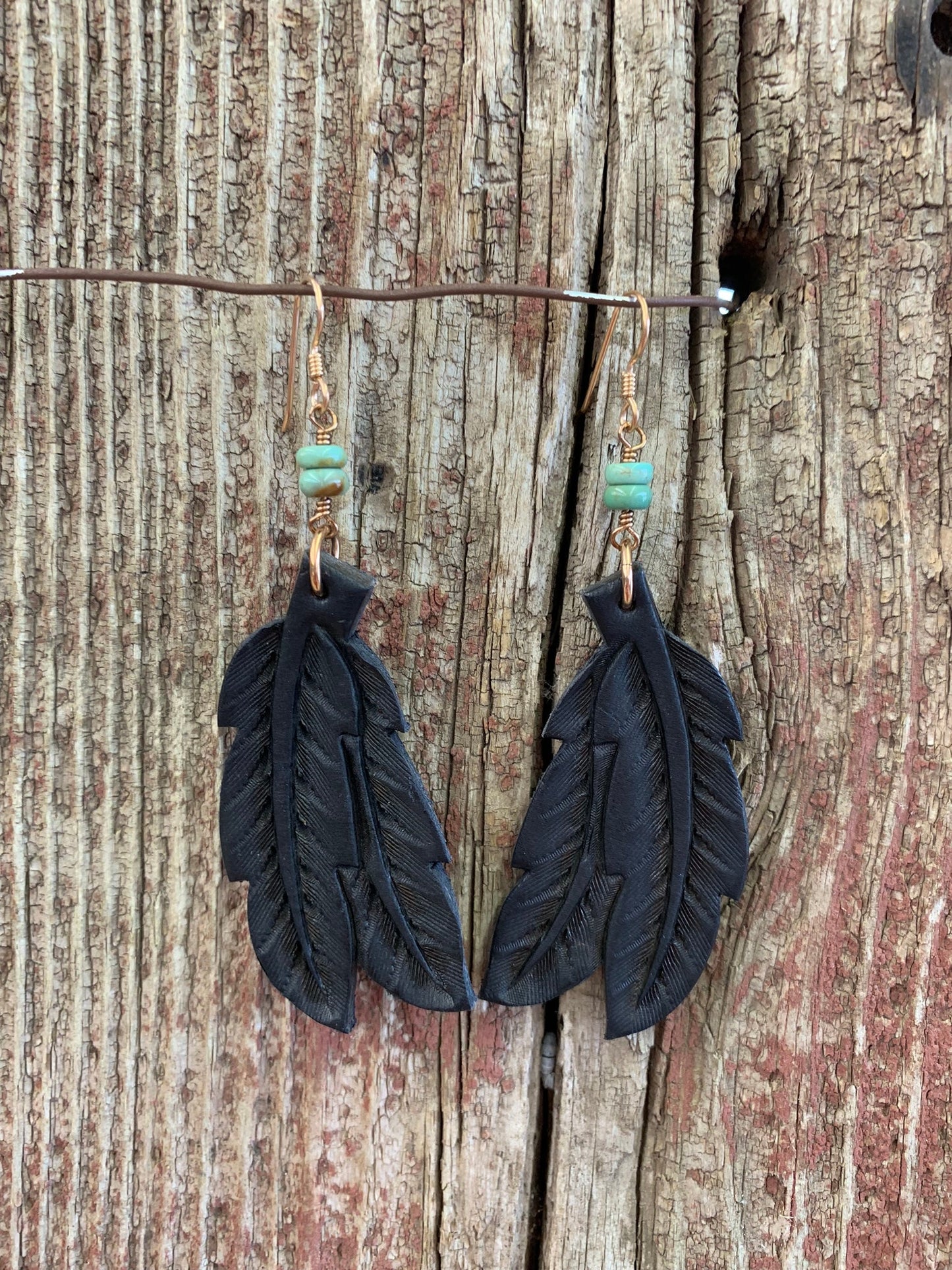 15785 Leather Double Feather & Turquoise Earring
