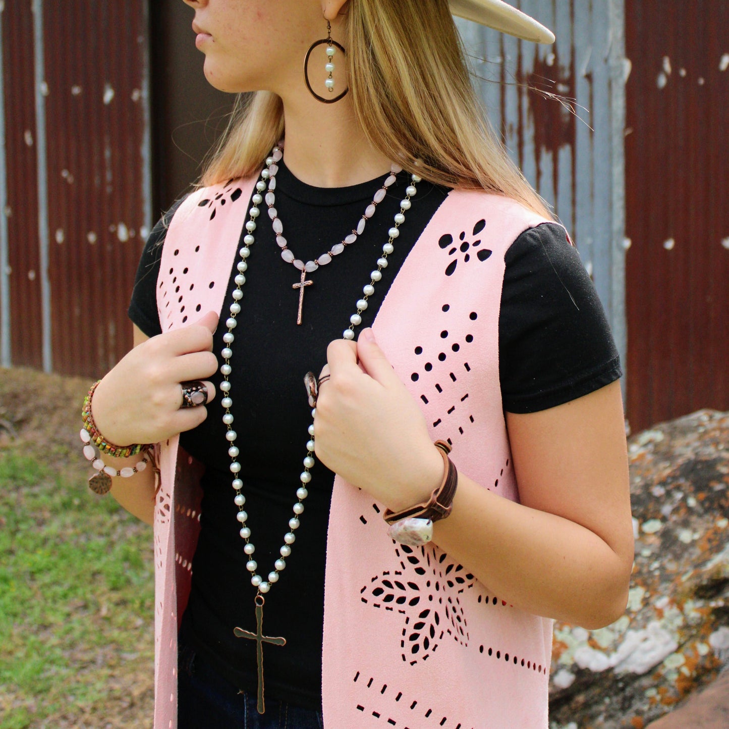The Jewelry Junkie **Rose Quartz Collar Necklace w/ Copper Cross Pendant 263i