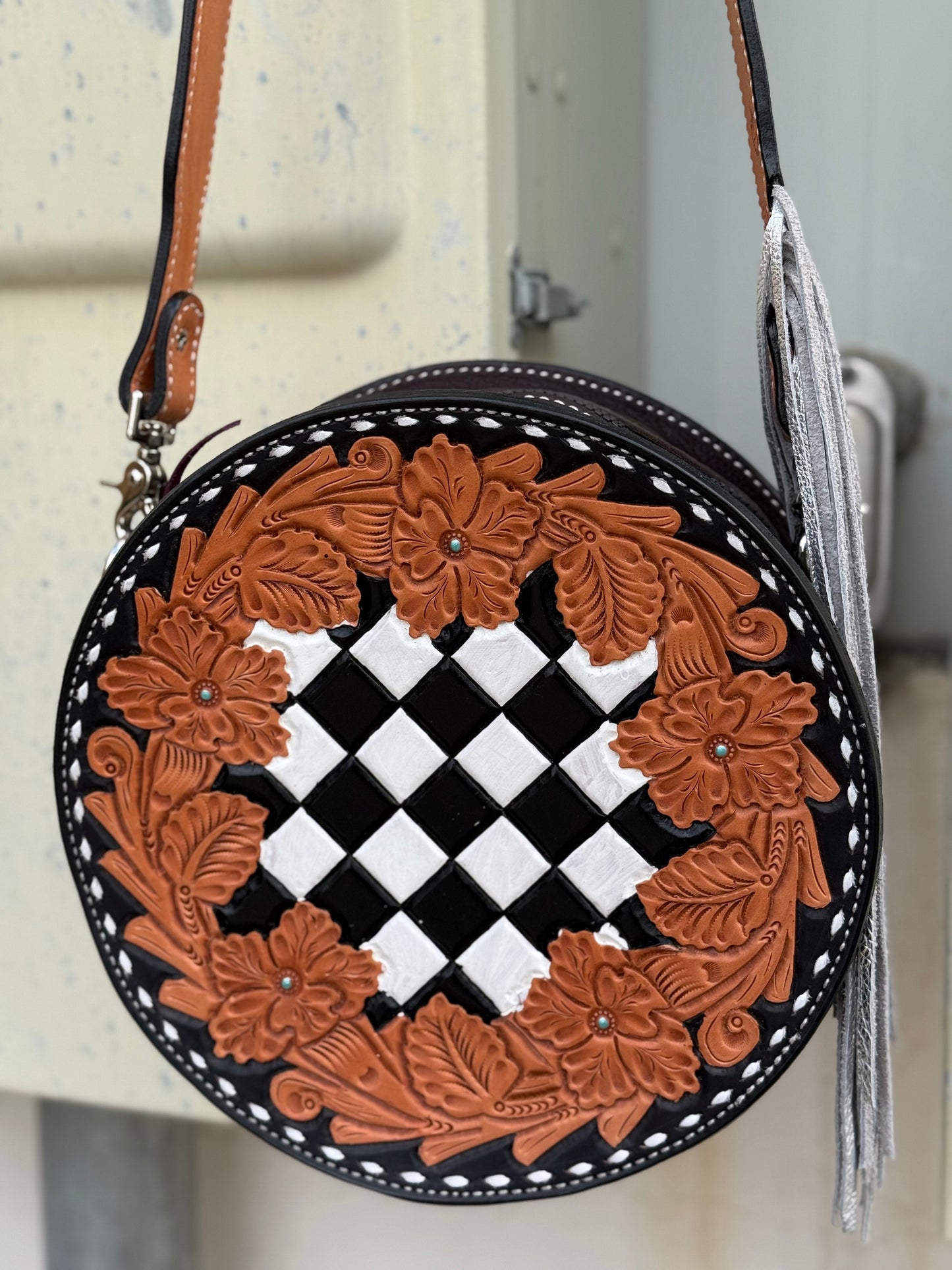 Alamo Saddlery 11" Canteen - Checkered w/ fringe strap
