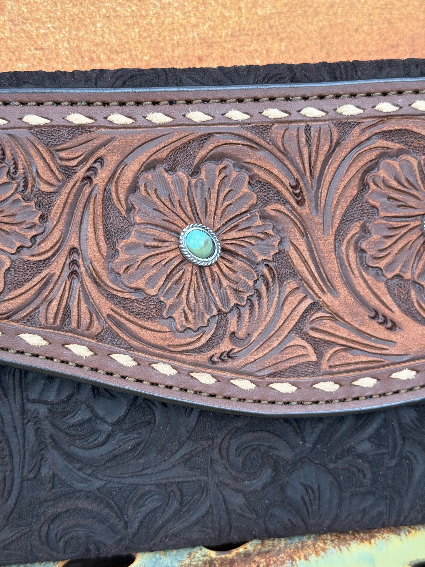 Alamo Saddlery Fringe Clutch- Turquoise Stone (chocolate)
