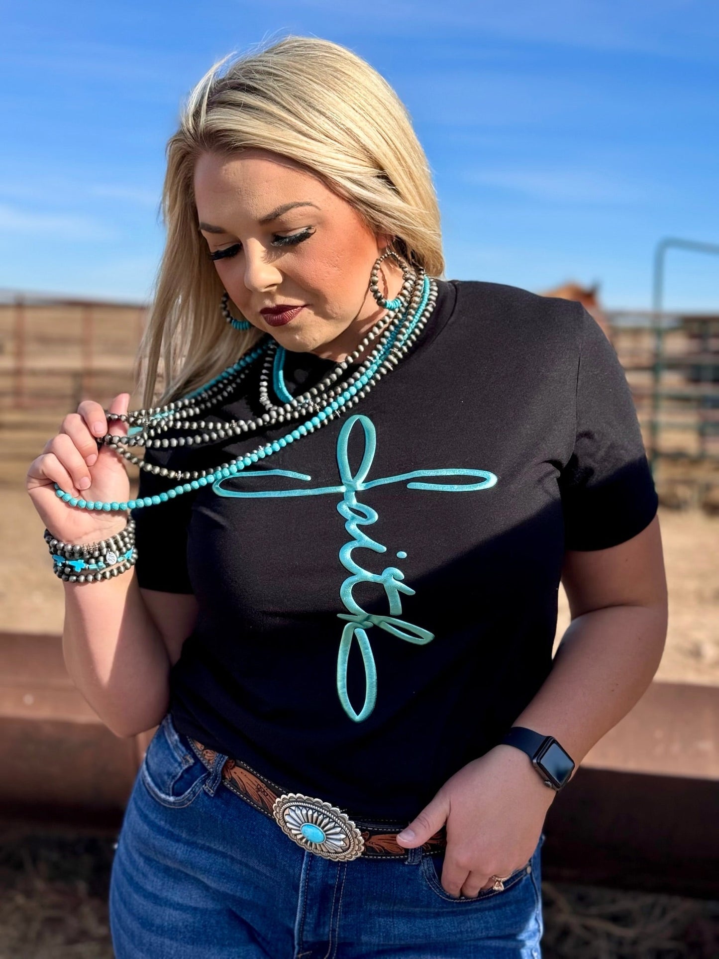 Faith in Teal Metallic Puff T shirt Sweatshirt