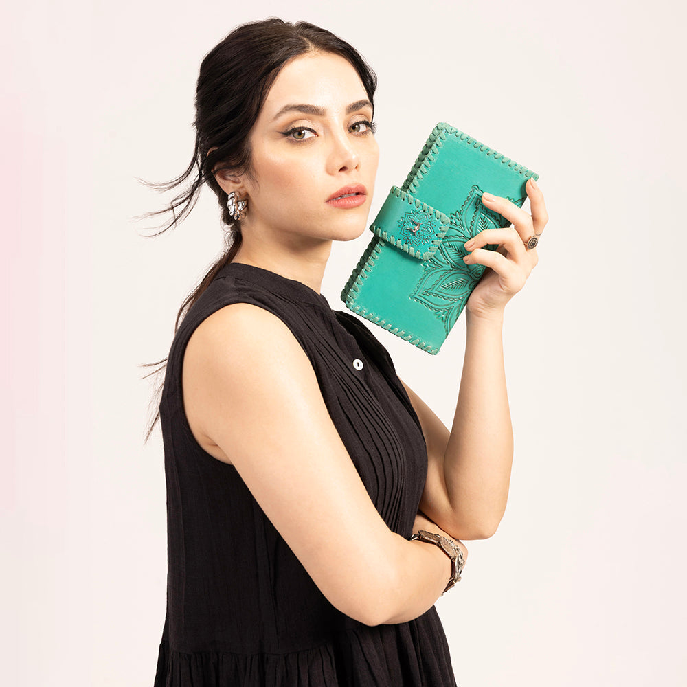 Myra Loyal West Desert Lotus Wallet - Turquoise Handtooled Leather & Calfskin
