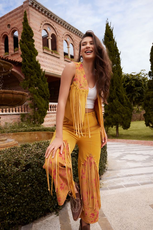 Myra The Jolene Fringe Two Piece Set in Saddle Gold