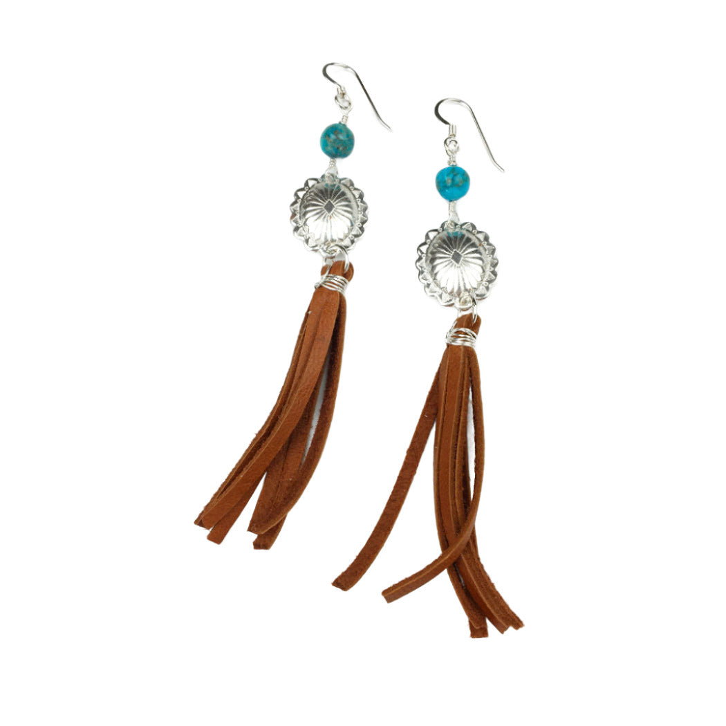 Concho And Turquoise Earrings With Leather Fringe - The Quetzal