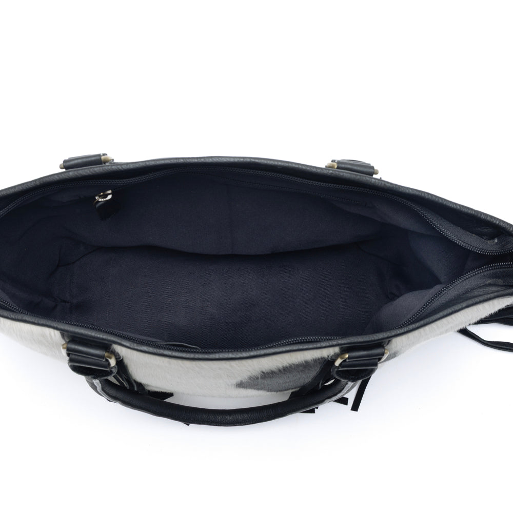 Myra High Plains Hairon Leather Concealed Fringe Carry Bag in Ebony Bone